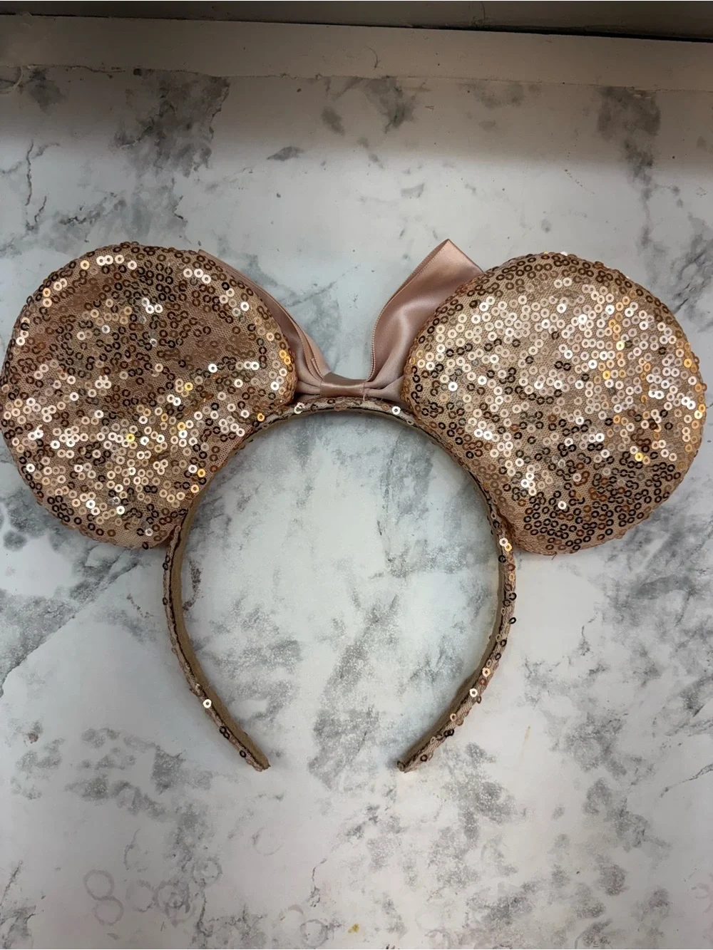 Sequin Minnie Ear Headband with Satin Bow - Rose Gold